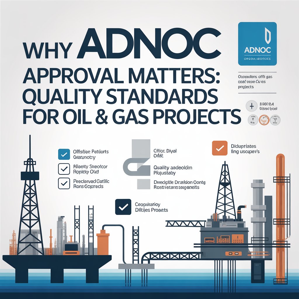 Infographic: Why ADNOC Approval Matters for Oil & Gas Projects – Key standards, process, and benefits visualized with rigs and charts.