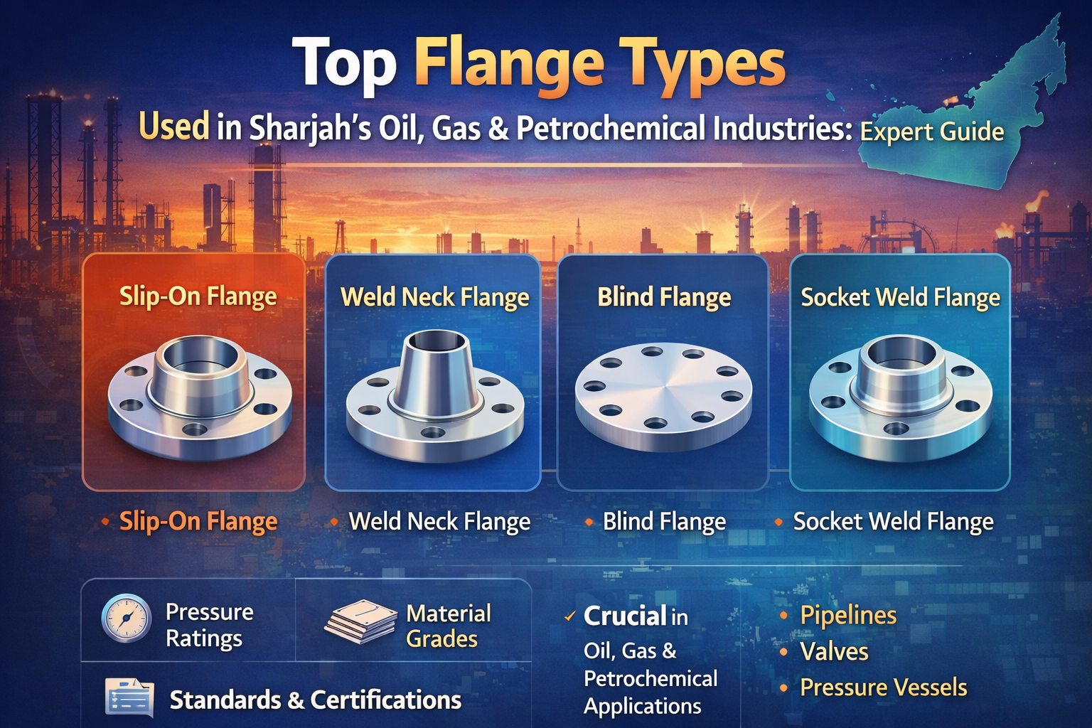 Top flange types used in Sharjah oil, gas and petrochemical industries including slip-on, weld neck, blind and socket weld flanges.