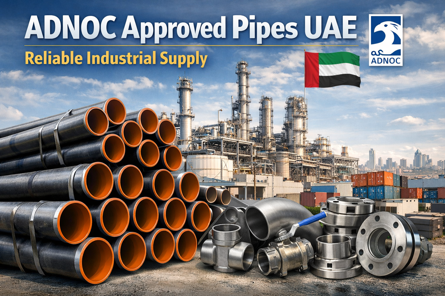 ADNOC approved pipes UAE displayed in an industrial warehouse setting with high-quality steel pipes and fittings