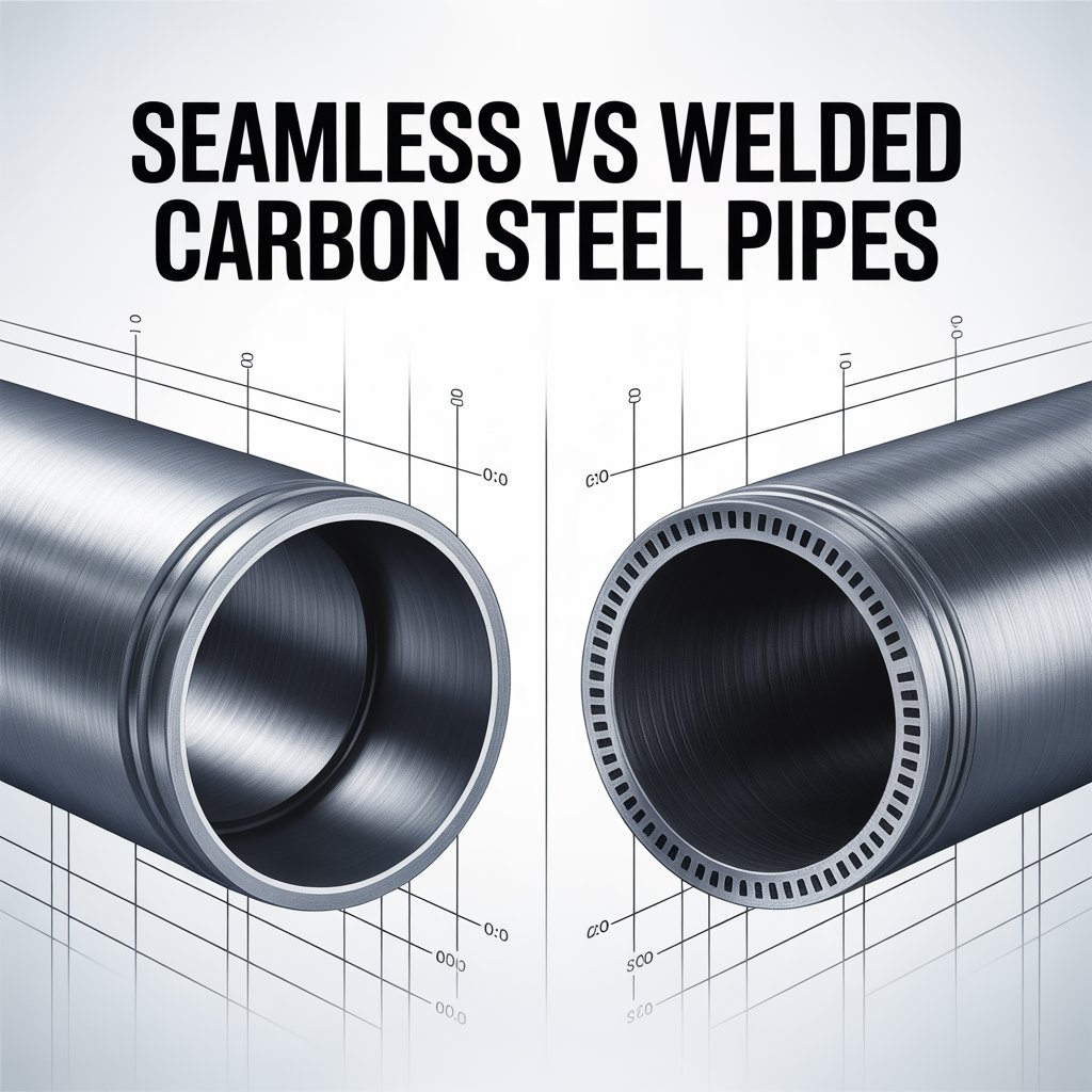 Seamless vs welded carbon steel pipes comparison image showing internal structure and manufacturing differences.