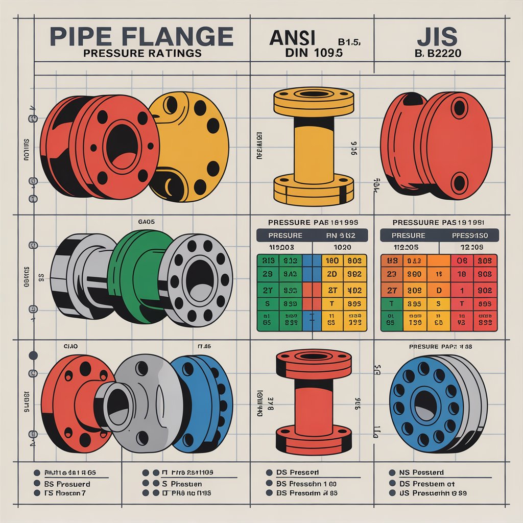 Pipe flange pressure ratings chart showing ANSI, DIN, and JIS standards with different flange types and specifications