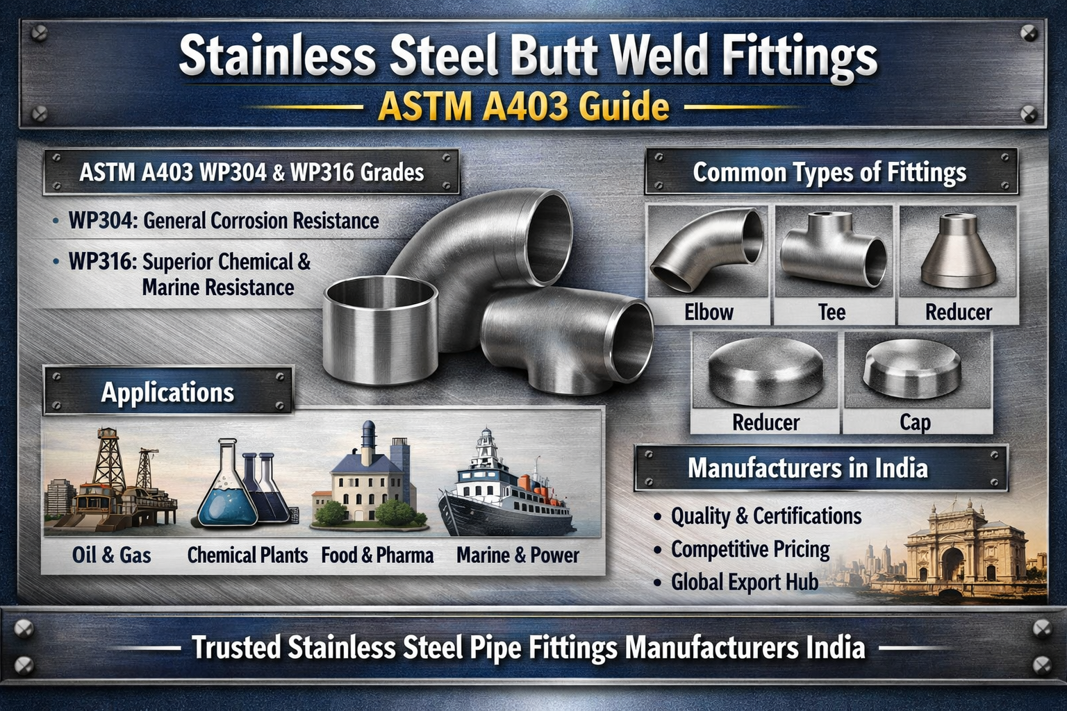 Stainless Steel Butt Weld Fittings ASTM A403 industrial pipe fittings WP304 WP316