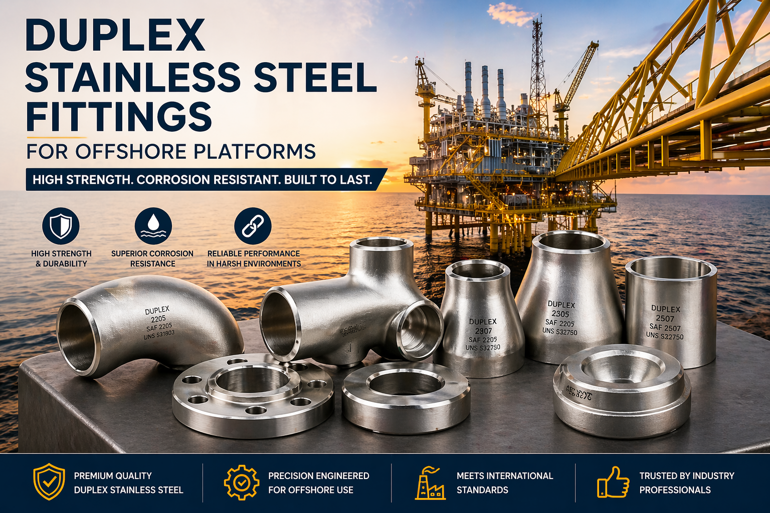 Duplex stainless steel fittings displayed in front of an offshore oil platform, highlighting high strength and corrosion resistance for marine applications.