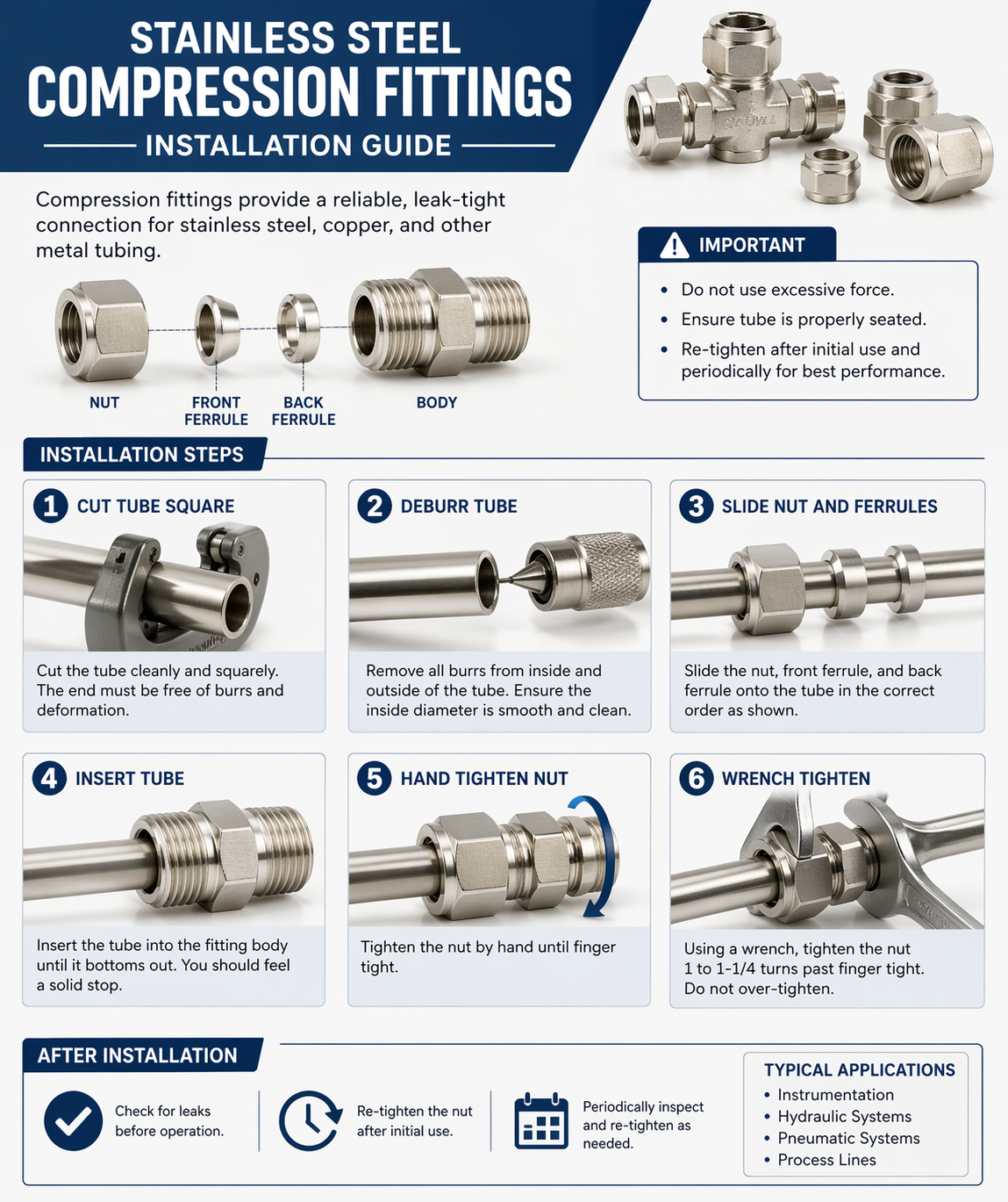 Stainless steel compression fittings installation process showing step-by-step assembly of pipe, nut, ferrule, and fitting body