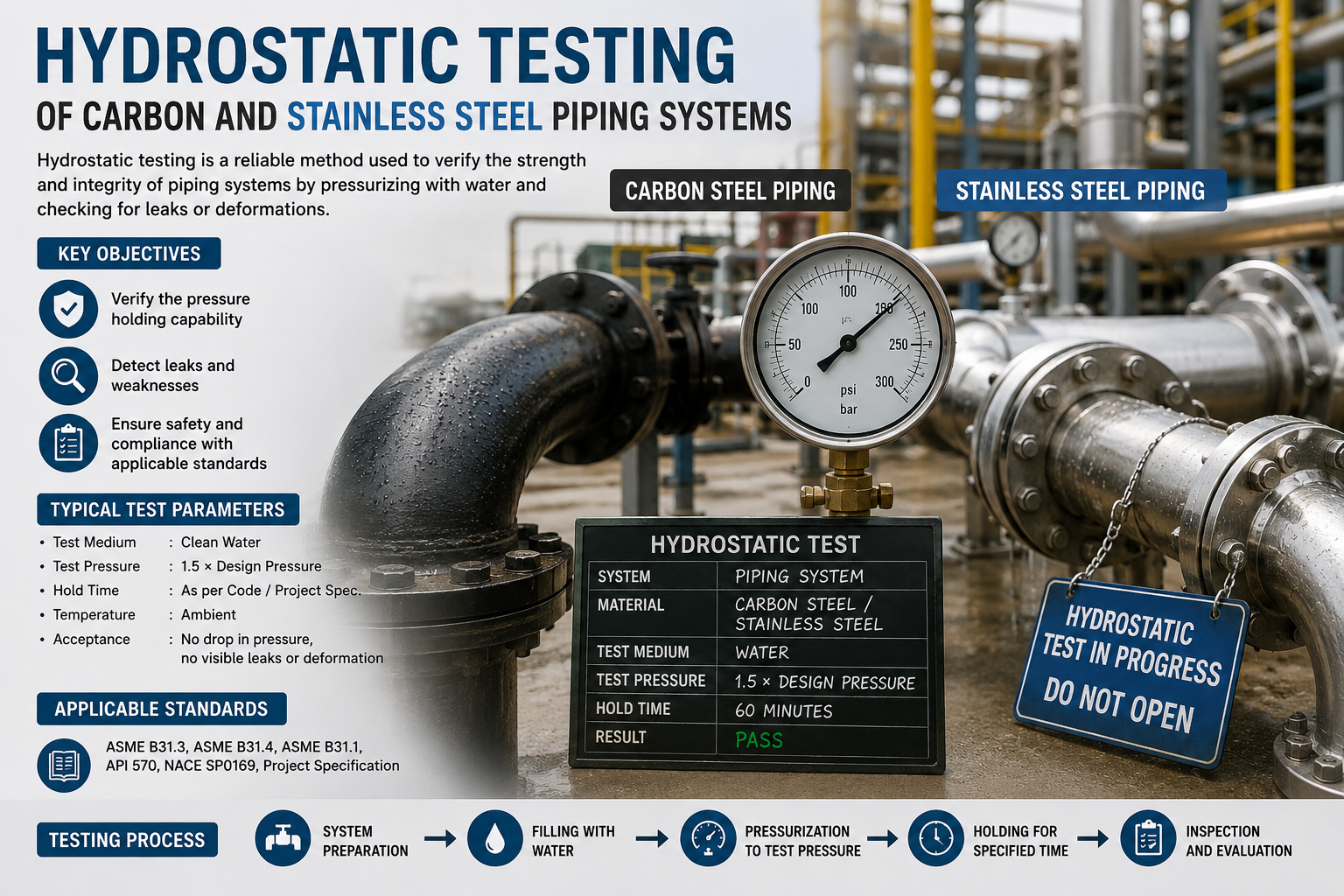 Industrial hydrostatic testing setup showing carbon steel and stainless steel piping systems with pressure gauges, testing equipment, and safety inspection visuals in a refinery environment.