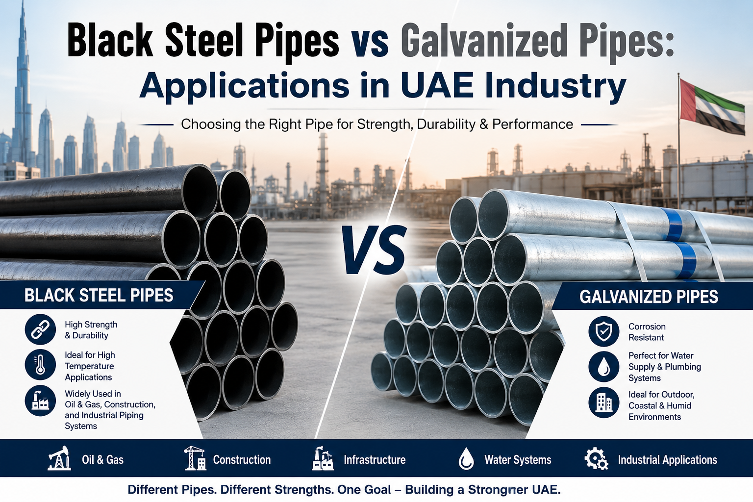 Black Steel Pipes vs Galvanized Pipes: Applications in UAE Industry