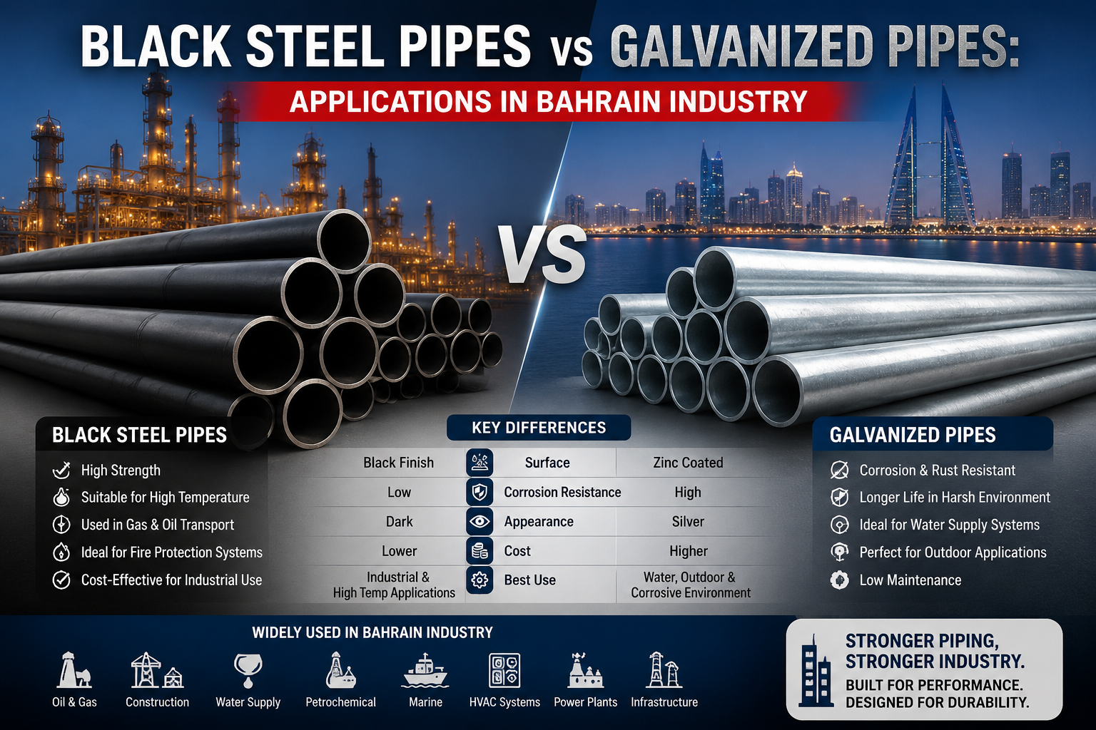 Industrial comparison image showing black steel pipes and galvanized pipes used in Bahrain’s construction, oil and gas, marine, and infrastructure industries.