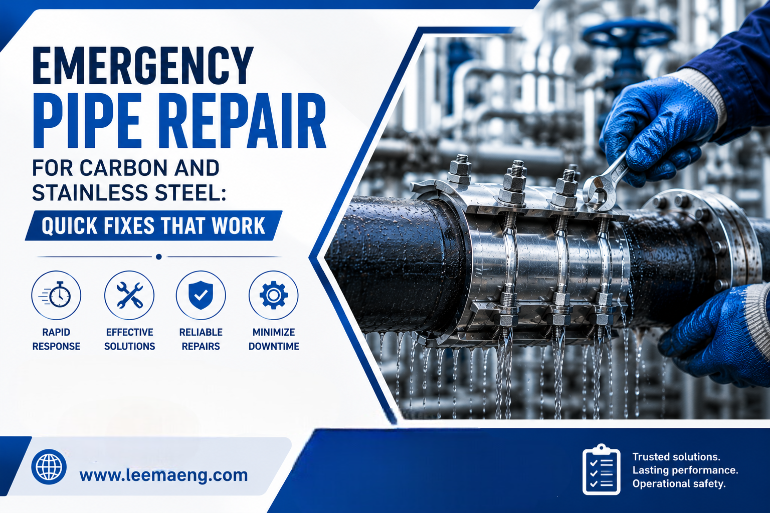 Industrial worker repairing a leaking carbon and stainless steel pipe using a metal clamp in a blue and white factory environment.