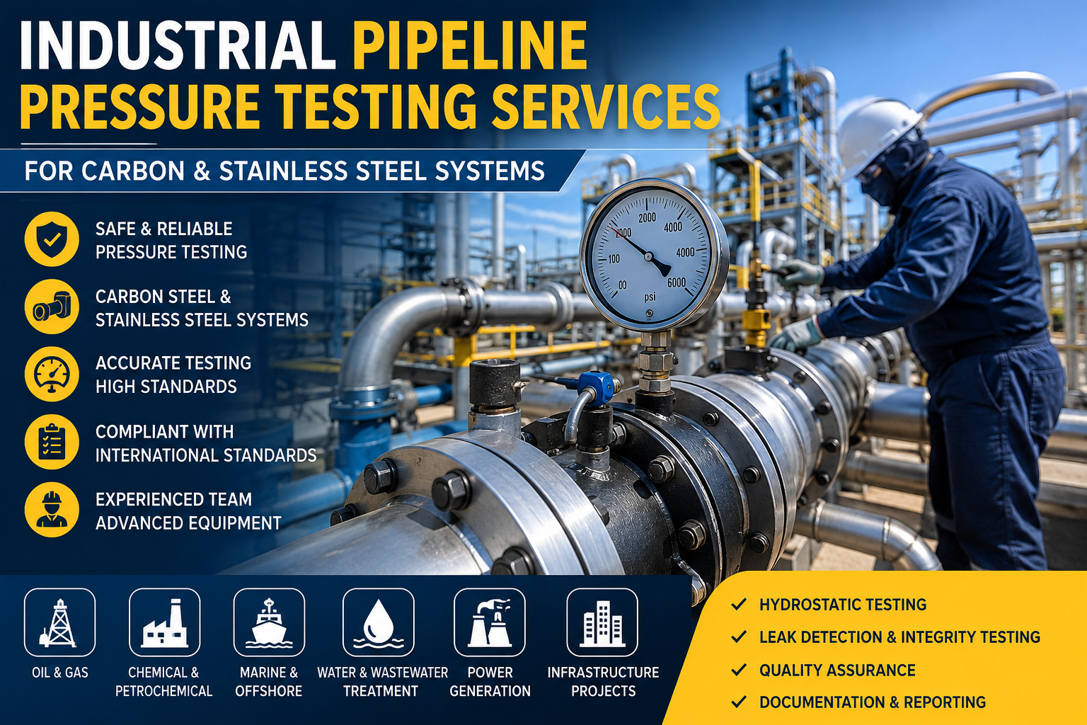 Industrial pipeline pressure testing services for carbon and stainless steel piping systems in an industrial facility