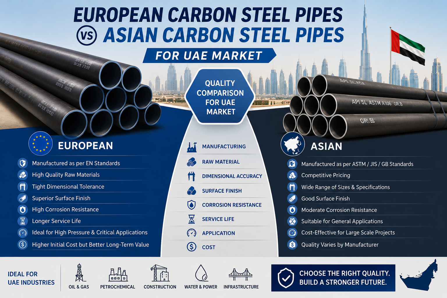 European Carbon Steel Pipes vs Asian Carbon Steel Pipes for UAE Market