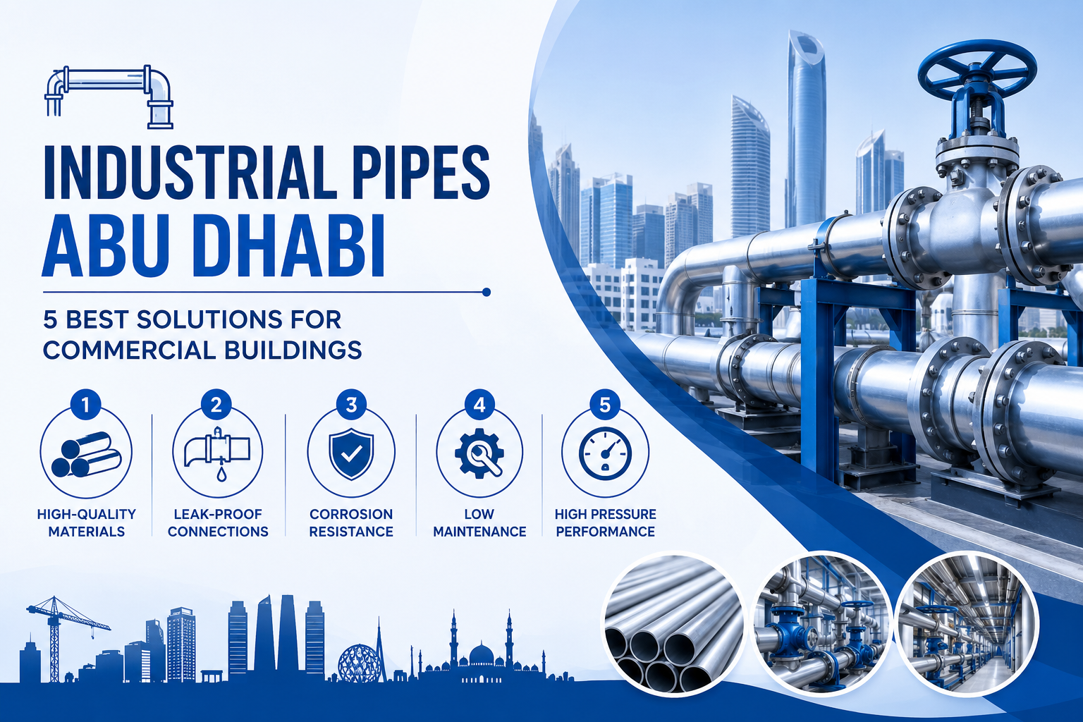 Industrial pipes and valve system installed in a commercial building with a modern Abu Dhabi skyline, representing durable piping solutions for industrial and commercial infrastructure.