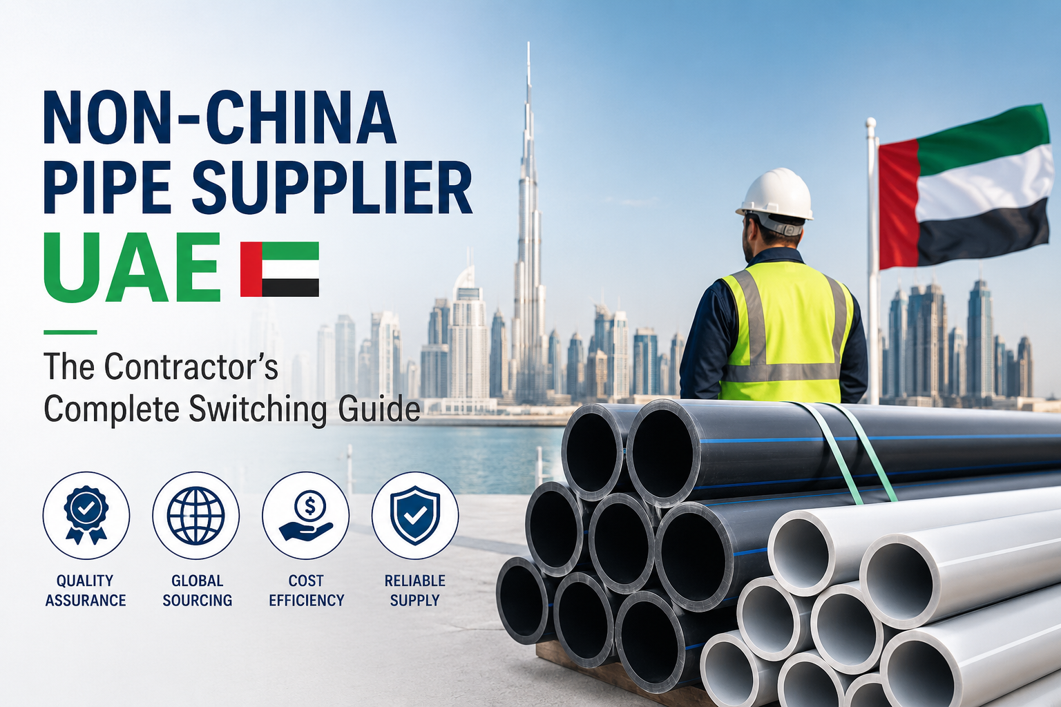 Non-China pipe supplier in UAE with industrial pipes and contractor overlooking the Dubai skyline, representing global sourcing and reliable pipe supply solutions.