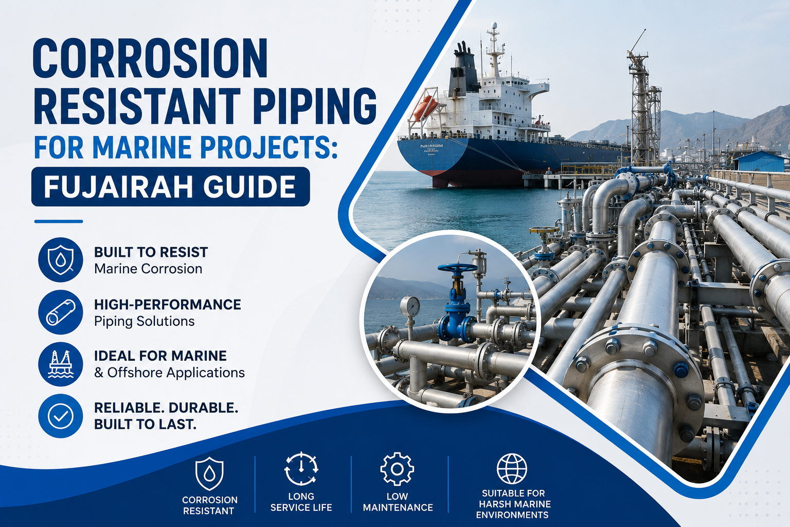 Corrosion-resistant industrial piping system installed for a marine project in Fujairah, showcasing durable stainless steel pipes for offshore and coastal applications.