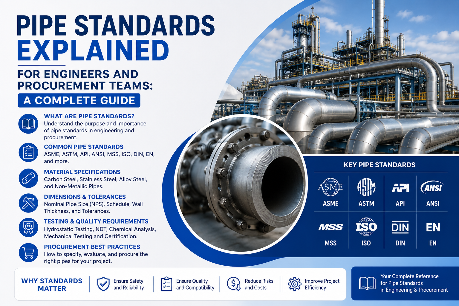Industrial piping system with engineering standards, flanges, and refinery infrastructure illustrating a complete guide to pipe standards for engineers and procurement teams.