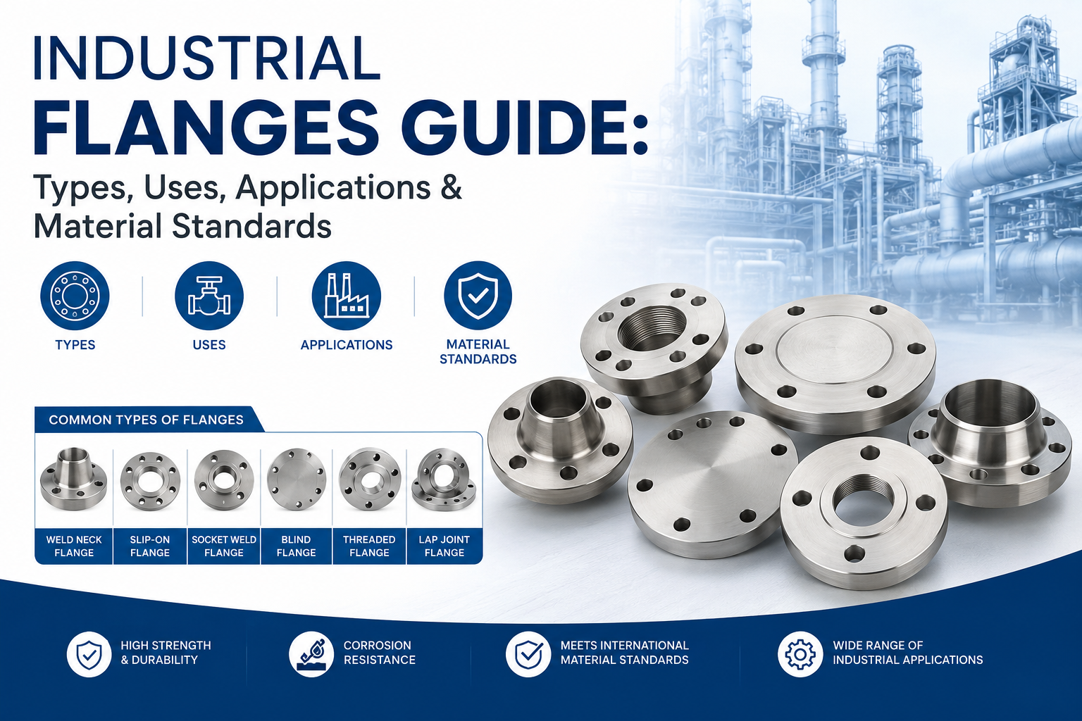Industrial flanges guide showcasing flange types, uses, industrial applications, and material standards for piping systems.